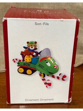 Heirloom Son 2007 Christmas Ornament Carlton Cards Teddy Bear Green Snowmobile
